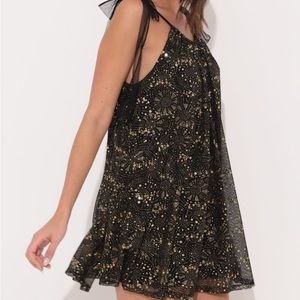 LUCY IN THE SKY Zoe Shoulder Tie Dress in Shimmer Black